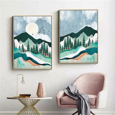 Mountain Forest Sunset Abstract Painting Nordic Landscape Canvas Poster