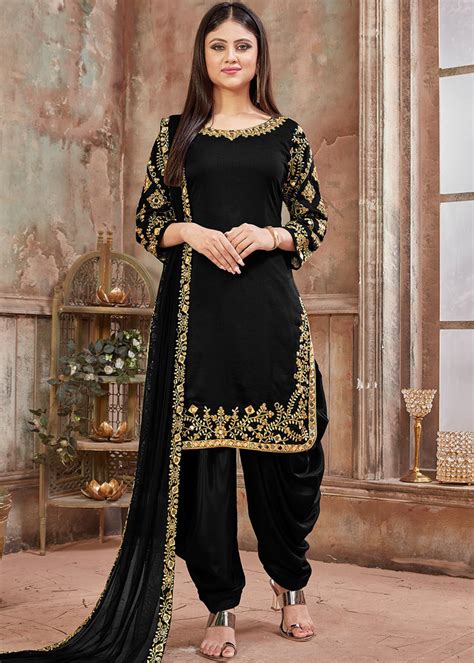 Black And Gold Designer Embroidered Art Silk Patiala Suit Sairas Boutique Black Patiala Suit
