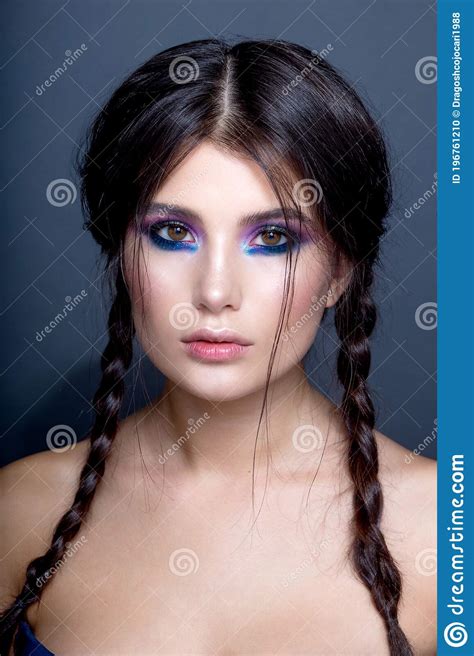 Frontal Beautiful Sensual Brunette Girl With Braids And Bright Makeup