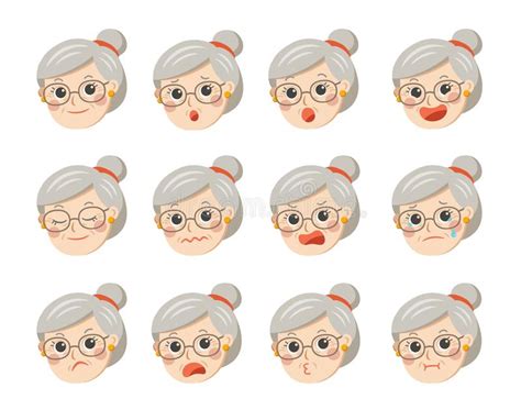 Grandma Face Woman With Bun Hair Buttons Set Stock Illustration