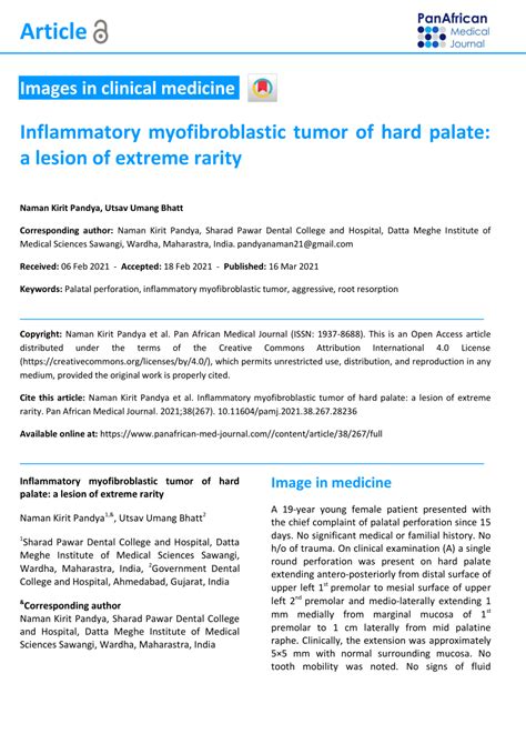 Pdf Inflammatory Myofibroblastic Tumor Of Hard Palate A Lesion Of