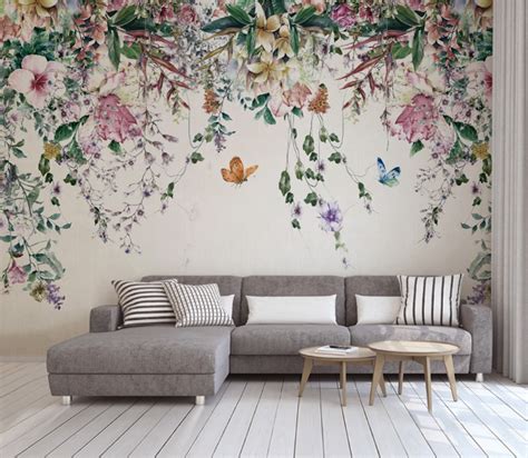 Colorful Flowers And Leaves Floral Removable Textile Wallpaper Floral