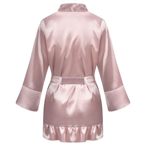Women Satin Robe Sexy Ruffles Sashes Pink Bridesmaid Robes Above Knee Kimono Bathrobe Dressing