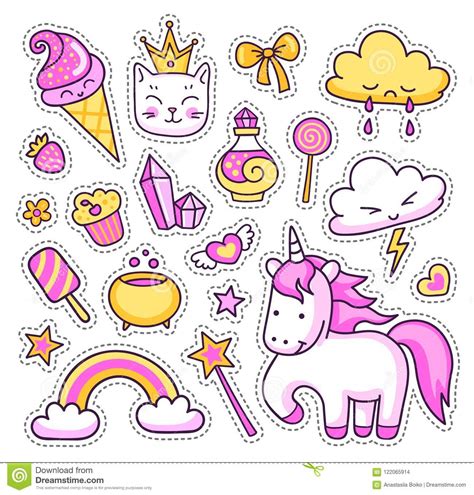 Set Of Cute Cartoon Stickers Patches Badges Pins Doodle Hand Drawn