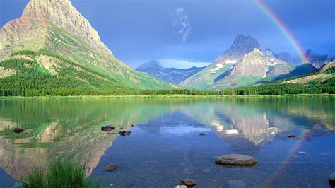 Rainbow Over Mountain With Reflection On Body Of Water Hd