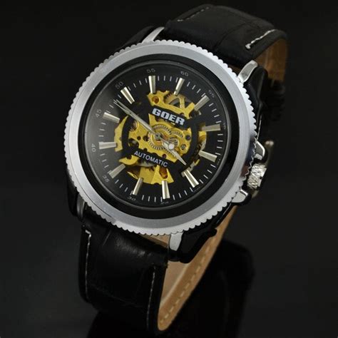 Brand Tags Goer Watch Men Leather Strap Automatic Mechanical Skeleton