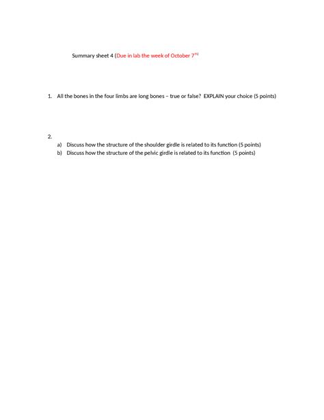 Summary Sheet 4 Human Anatomy And Physiology I Bsci 201 Docsity