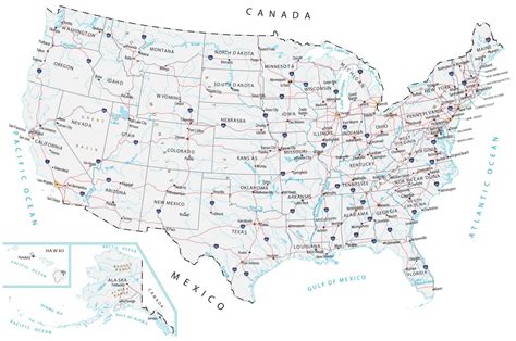 Usa Map Curved Projection With Capitals Cities Roads And Water