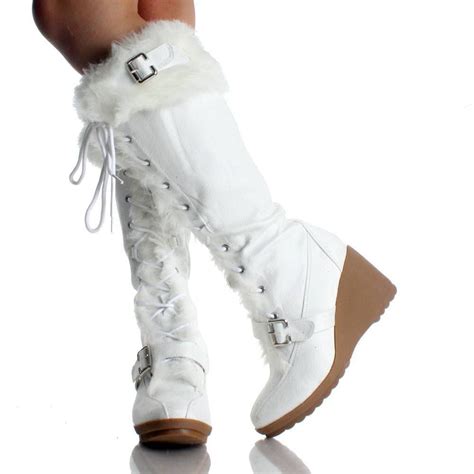 White Suede Fur Winter Lace Up Wedge High Heel Womens Mid Calf Boots Boots Womens Mid Calf