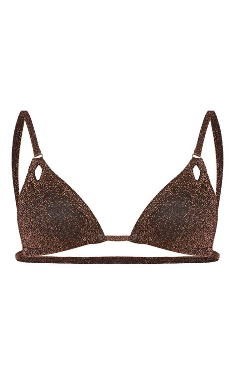Brown Glitter Triangle Cut Out Bikini Top Prettylittlething Qa