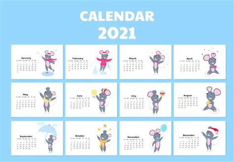 Premium Vector Calendar For 2021 From Sunday To Saturday Cute Rats