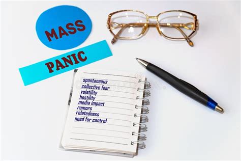 mass panic signs and accessories in the form of a list on a sheet of notepad stock image