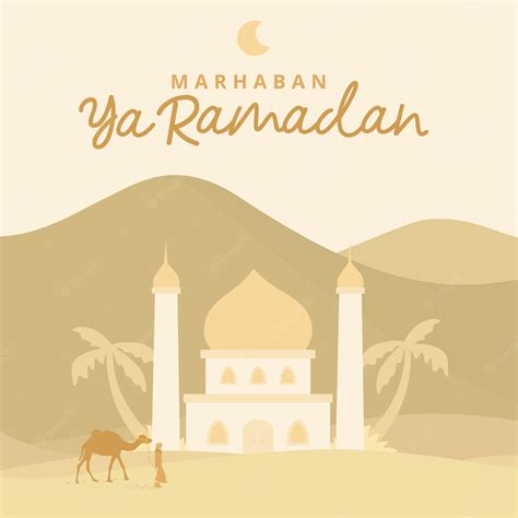 Premium Vector Marhaban Ya Ramadan With Mosque On Desert Illustration