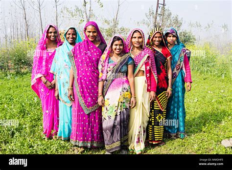 Happy Indian Group Rural Villager Womens Standing Together Field