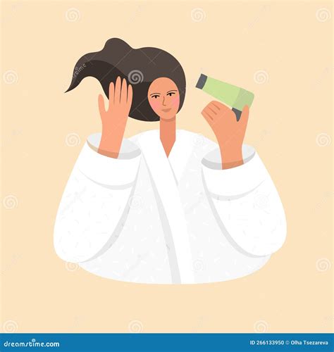 A Girl In A Bathrobe Dries Her Hair With A Hair Dryer Stock Vector