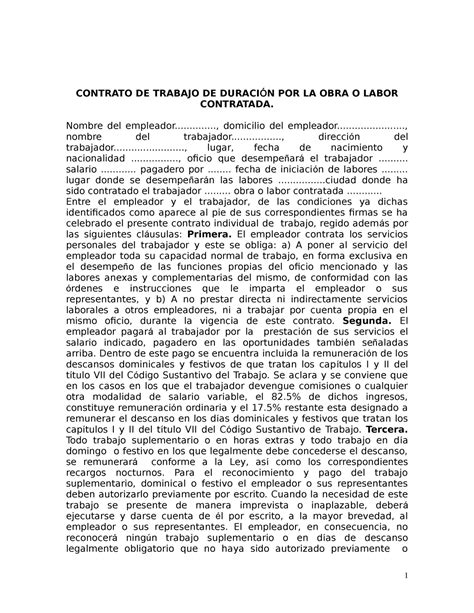 Contrato De Trabajo De Duración Por La Obra O Labor Contrata Contrato