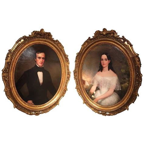 Oil On Canvas Pair Of Oval Portraits Lady And Gentleman 19th Century