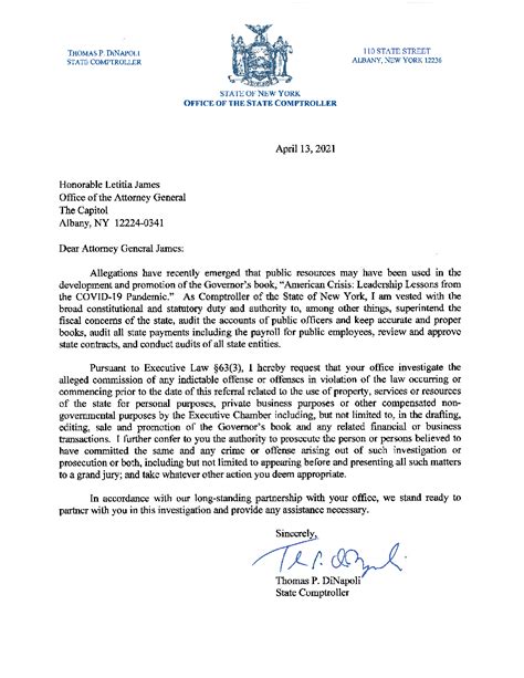 letter from the state comptroller s office to letitia james the attorney general the new york