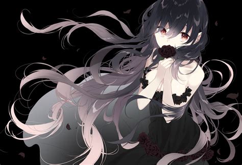 black black hair breasts cleavage dress flowers long hair naoto original rose