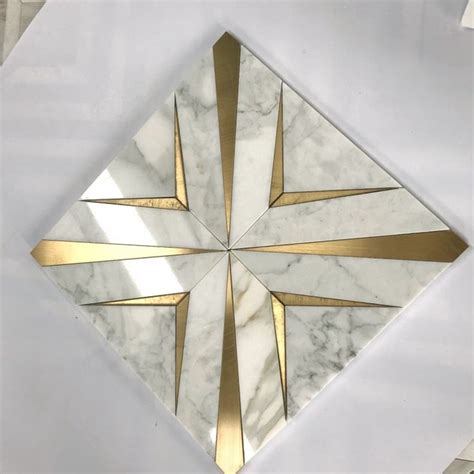 Carrara White Marble Water Jet Mosaic Gold Metal Brass Inlay Luxury