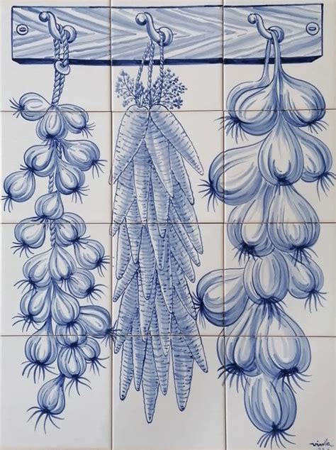 Azulejos Portuguese Hand Painted Tiles Hanging Vegetables Signed By