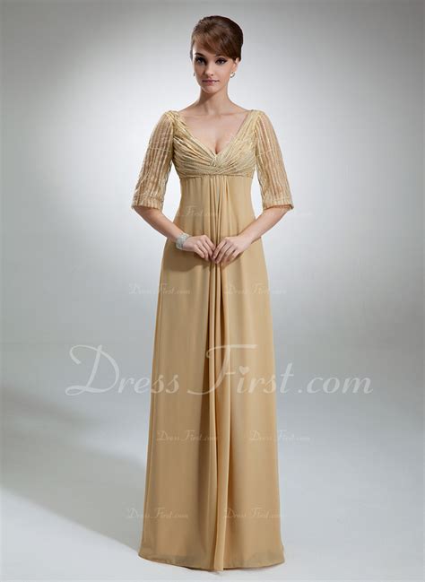 empire v neck floor length chiffon mother of the bride dress with ruffle sequins 008005959