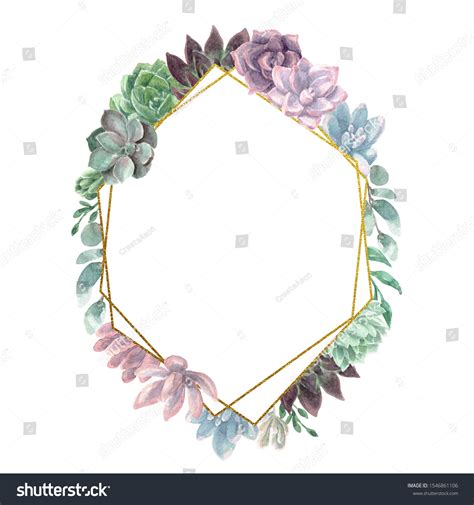 Watercolor Greenery Succulents Geometric Gold Frame Stock Illustration