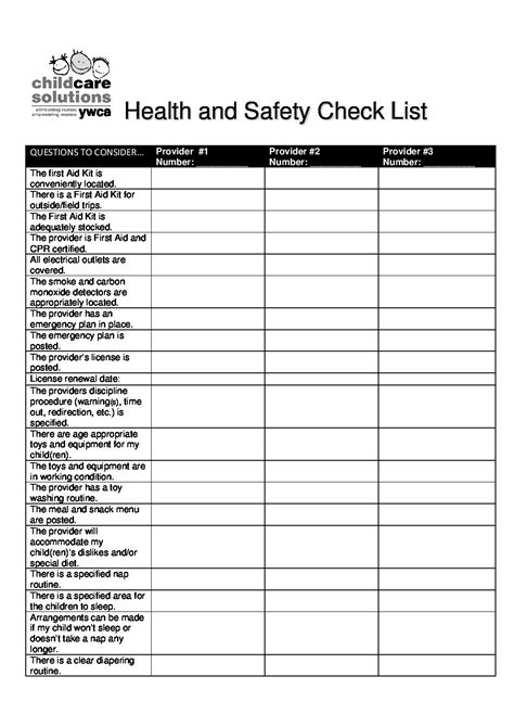 English Health And Safety Checklist Ywca Northwestern Il
