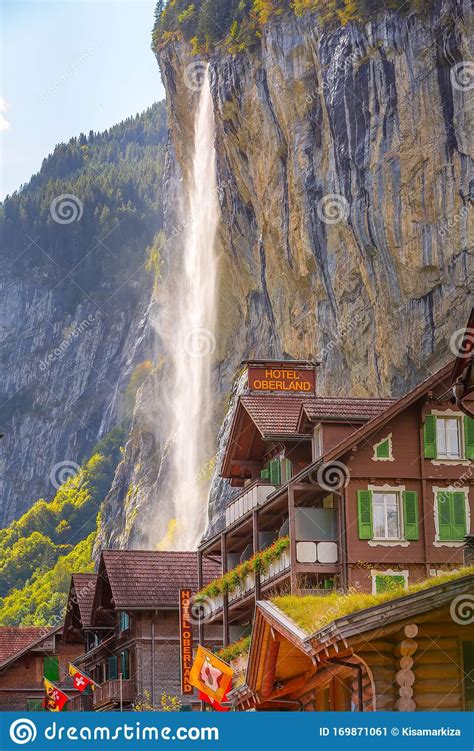Lauterbrunnen Switzerland Street And Waterfall Editorial Photo Image