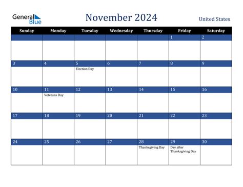 November 2024 Calendar with United States Holidays