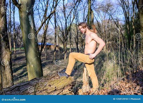 Masculine Leisure Lumberjack Or Woodman Naked Muscular Torso Gathering