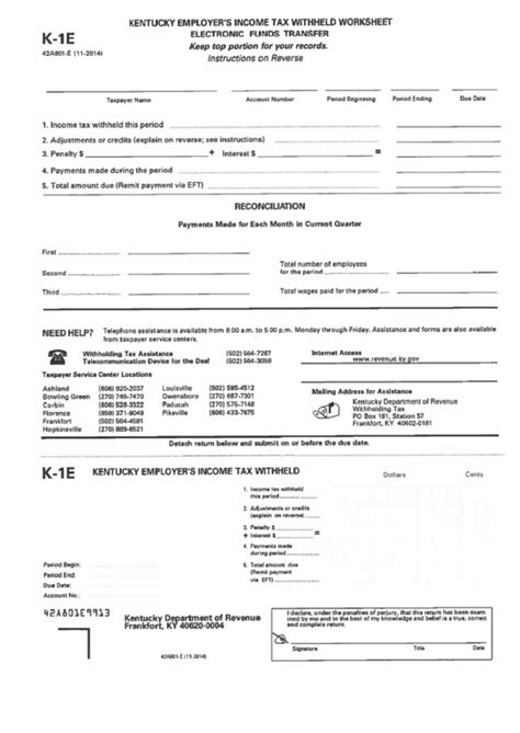 Form K 1e Employers Income Tax Withheld Worskheet Eft Printable