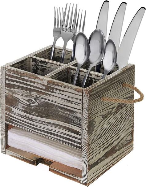 4 Compartment Rustic Torched Wood Kitchen Dining Utensil Organizer