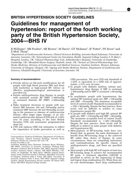 Pdf Guidelines For Management Of Hypertension Report Of The Fourth