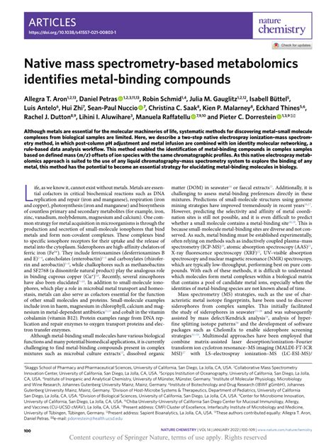 Native Mass Spectrometry Based Metabolomics Identifies Metal Binding