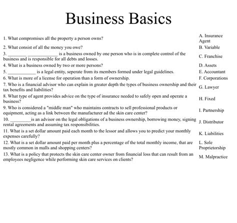 Business Basics Worksheet Wordmint
