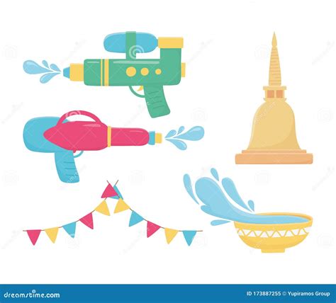 Songkran Festival Plastic Water Guns Bowl Thailand Icons Stock Vector Illustration Of Flat