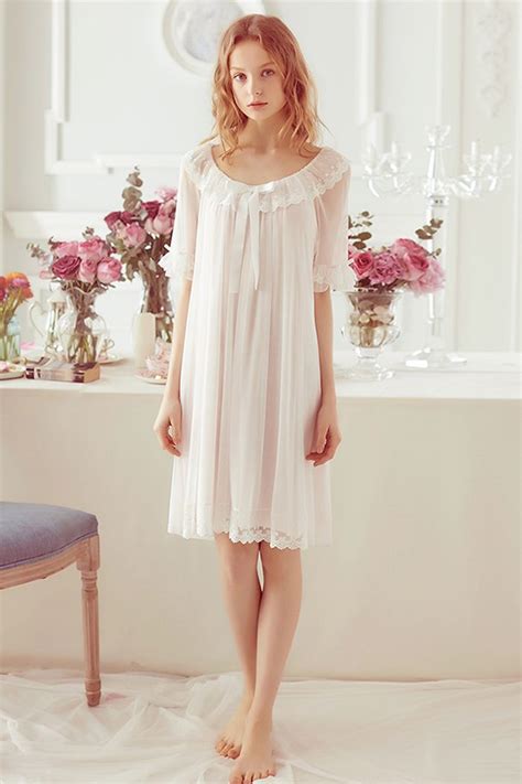 Women Lolita Dress Princess Sleepwear White Lace Mesh Fairy Night Dress