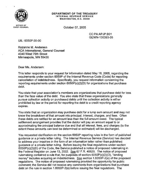 IRS Letter to ACA Request for Guidance on Issuing 1099-C to consumers