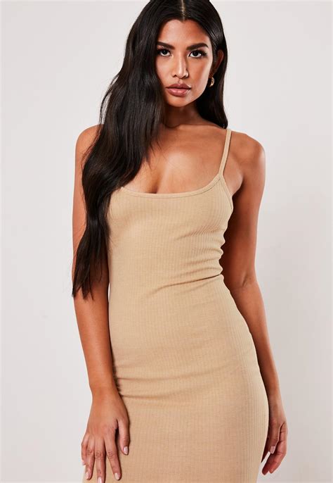 Nude Ribbed Strappy Bodycon Midi Dress Missguided