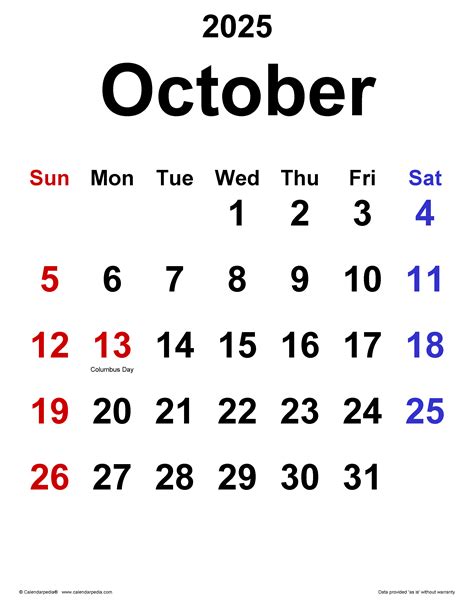 October 2025 Calendar Templates For Word Excel And Pdf