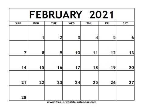 Download and print february calendars for 2021, 2022, 2023. February 2021 Printable Calendar - Free-printable-calendar.com