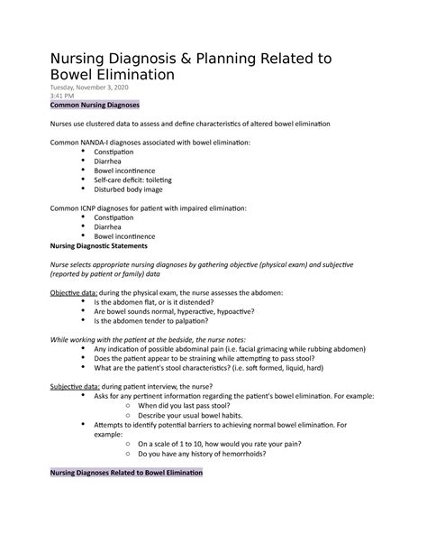 Nursing Diagnosis And Planning Related To Bowel Elimination Nursing