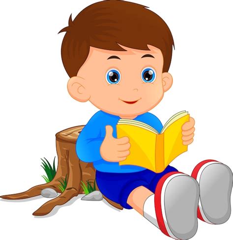 Lindo niño leyendo libro Vector Premium