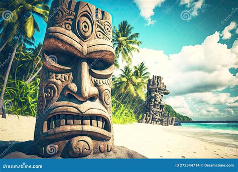 Ancient Stone Idols Tiki Mask On Beach On Exotic Island Stock