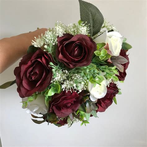 Wedding Bouquet Of Artificial Silk Ivory And Burgundy Rose Flowers