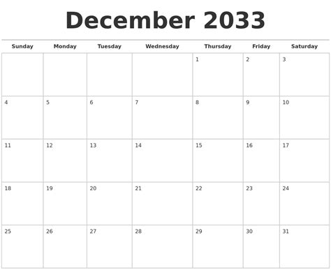 December 2033 Calendars Free