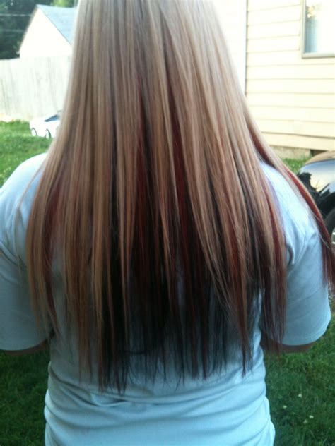 Dark Brown Hair With Blonde And Red Highlights Underneath