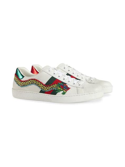 Snake Ace Embroidered Leather Sneakers White Gucci