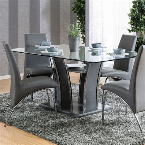 Merge formal and contemporary elements with a table featuring rich walnut and cherry surrounding framing and chocolate leather seats. Glenview I Grey Lacquer Glass Top Dining Collection | Las ...